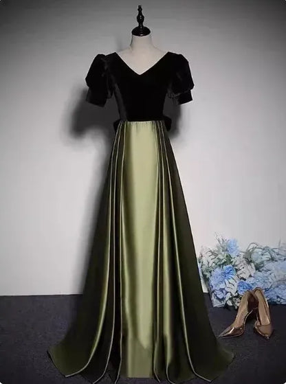 Elegant A Line V Neck Puff Sleeve Velvet Satin Black Olive Floor Length Prom Dress For Sale