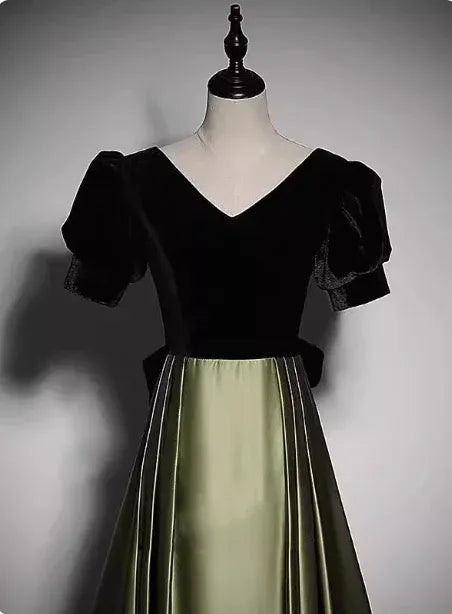 Elegant A Line V Neck Puff Sleeve Velvet Satin Black Olive Floor Length Prom Dress For Sale