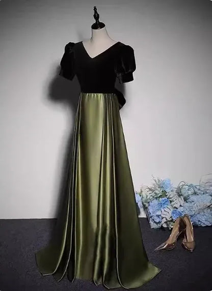 Elegant A Line V Neck Puff Sleeve Velvet Satin Black Olive Floor Length Prom Dress For Sale
