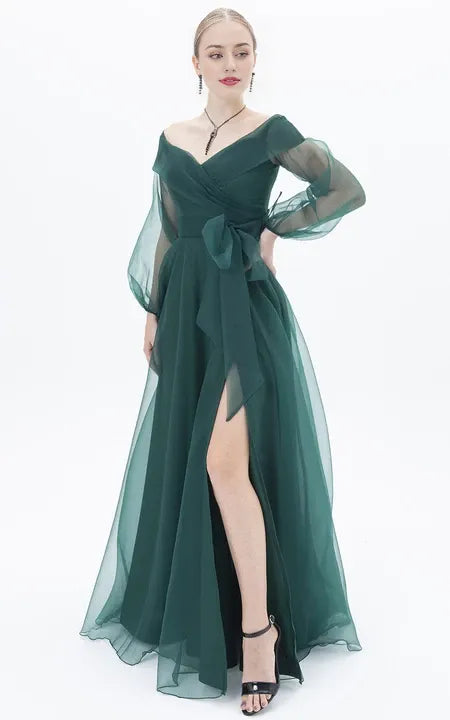 Elegant Long Sleeve Floor-length A Line Chiffon Zipper Formal Dress with Split Front Prom Dress/Dress For Formal