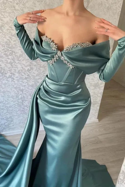 Elegant Mermaid Off-the-Shoulder Beaded Satin Teal Floor Length Evening Dresses