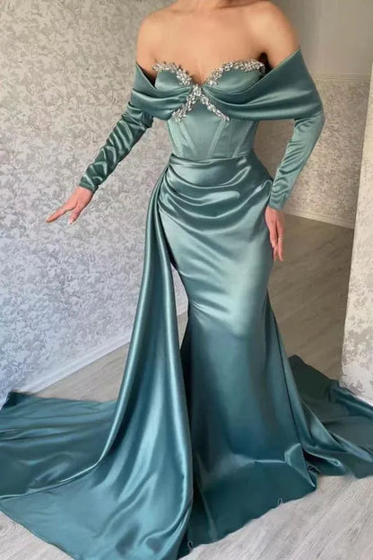 Elegant Mermaid Off-the-Shoulder Beaded Satin Teal Floor Length Evening Dresses