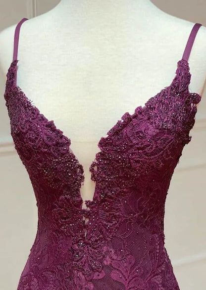 Elegant Mermaid Spaghetti Lace Slit Plum Train Prom Dress Custom