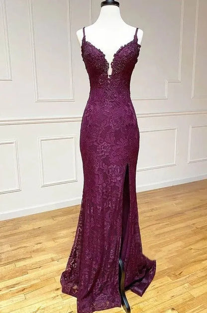 Elegant Mermaid Spaghetti Lace Slit Plum Train Prom Dress Custom