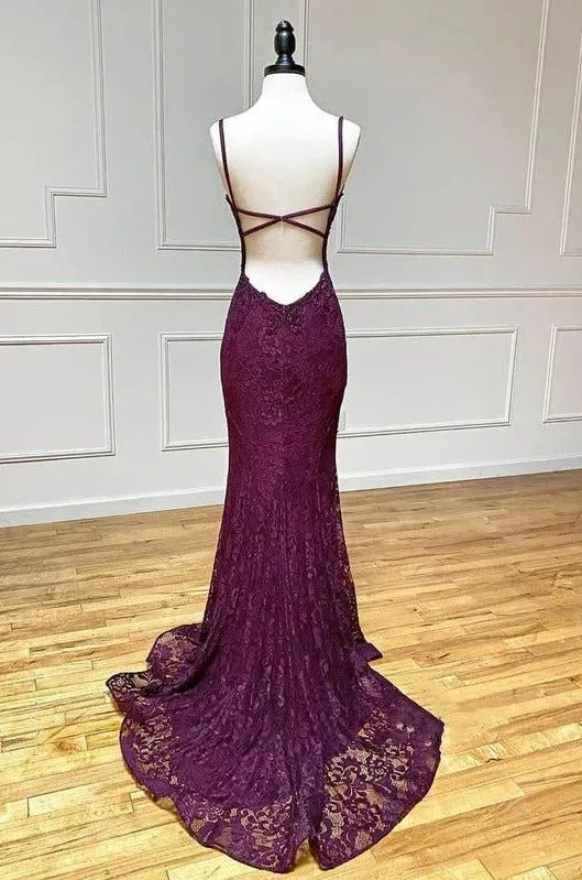 Elegant Mermaid Spaghetti Lace Slit Plum Train Prom Dress Custom