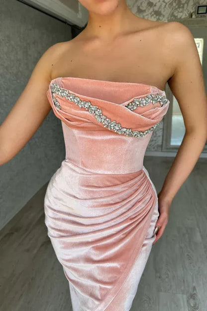 Elegant Mermaid Strapless Rhinestones Ruched Blush Long Evening Dresses