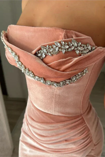 Elegant Mermaid Strapless Rhinestones Ruched Blush Long Evening Dresses