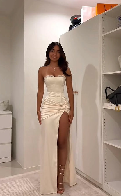 Elegant Mermaid Strapless Sleeveless Lace Up Floor-Length Slit Prom Dress