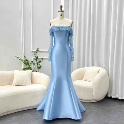 Elegant Off Shoulder Blue Floor Length Evening Dress Wedding Party Long Sleeves Formal Prom Gown