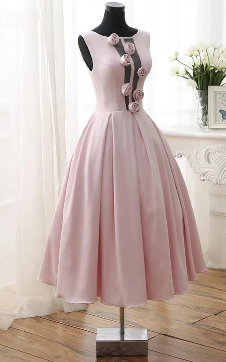 Elegant Round Neck Formal A-Line Flowers Tea-Length Open Back Sleeveless Prom Dress/Dress For Formal