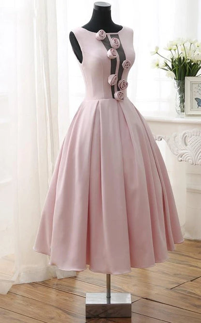Elegant Round Neck Formal A-Line Flowers Tea-Length Open Back Sleeveless Prom Dress/Dress For Formal