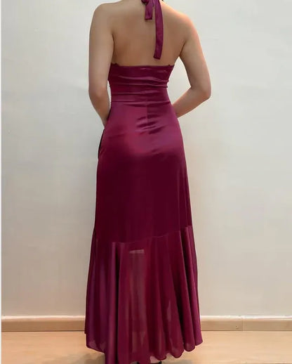 Elegant Sheath/Column Halter Neck Sleeveless Satin Floor-Length Prom Dress