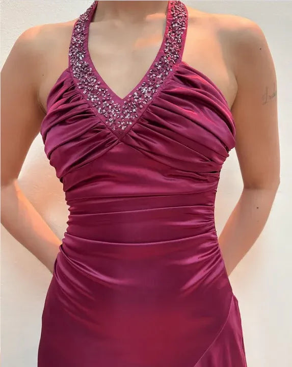 Elegant Sheath/Column Halter Neck Sleeveless Satin Floor-Length Prom Dress