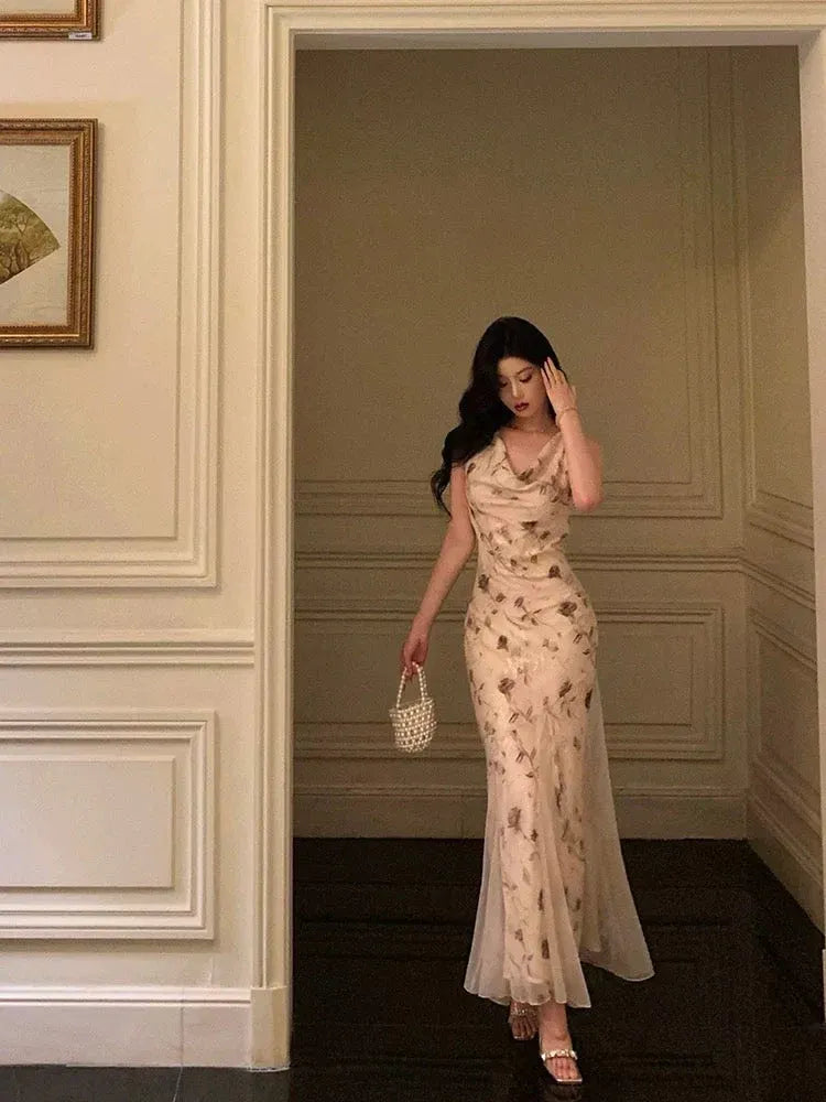 Elegant Sheath Cowl Neck Sleeveless Floral Beige Floor-Length Prom Dresses