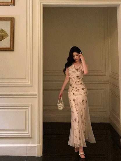 Elegant Sheath Cowl Neck Sleeveless Floral Beige Floor-Length Prom Dresses