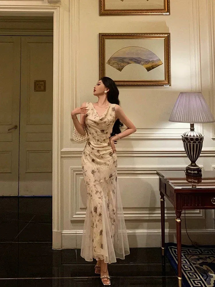 Elegant Sheath Cowl Neck Sleeveless Floral Beige Floor-Length Prom Dresses