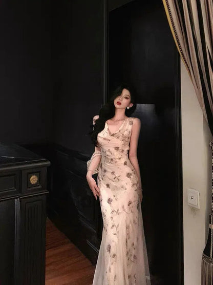 Elegant Sheath Cowl Neck Sleeveless Floral Beige Floor-Length Prom Dresses