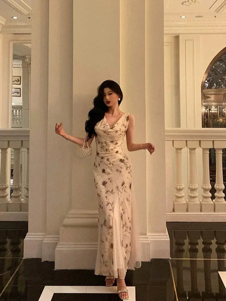 Elegant Sheath Cowl Neck Sleeveless Floral Beige Floor-Length Prom Dresses