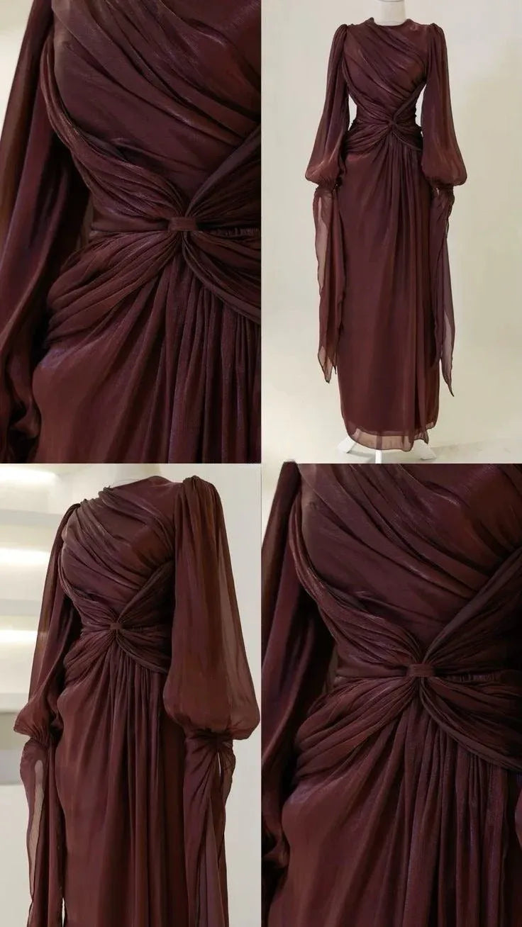 Elegant Sheath High Neck Long Sleeve Ruched Burgundy Floor-Length Prom Dress For Women Custom