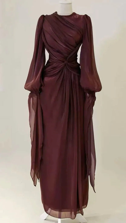 Elegant Sheath High Neck Long Sleeve Ruched Burgundy Floor-Length Prom Dress For Women Custom