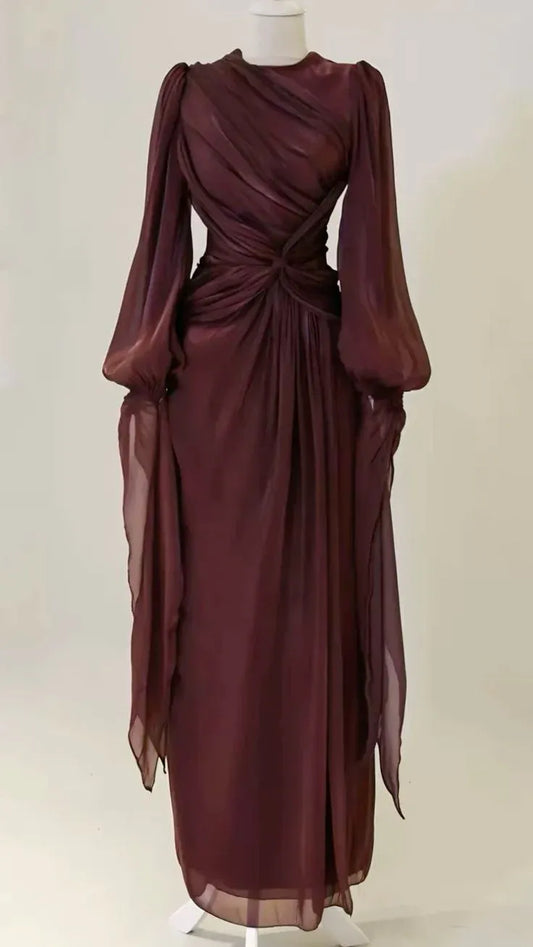 Elegant Sheath High Neck Long Sleeve Ruched Burgundy Floor-Length Prom Dress For Women Custom