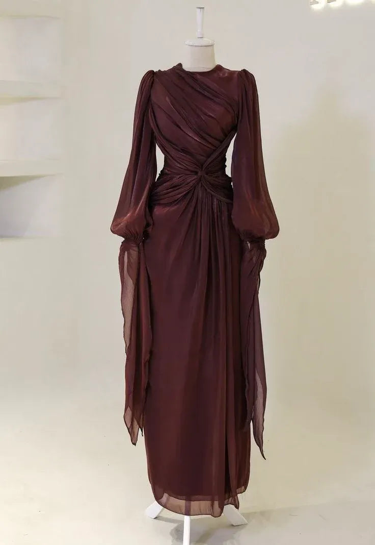 Elegant Sheath High Neck Long Sleeve Ruched Burgundy Floor-Length Prom Dress For Women Custom