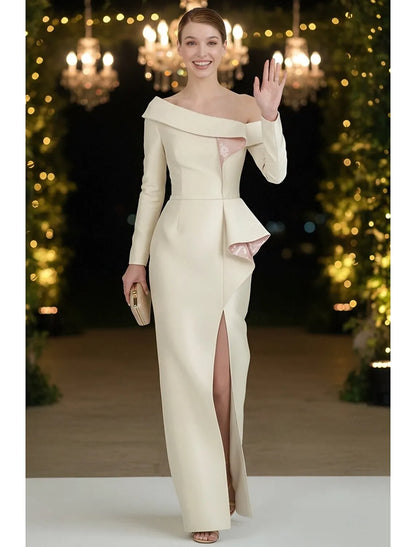 Elegant Sheath Off Shoulder Long Sleeve Ruffle Slit Ivory Prom Dress For Women