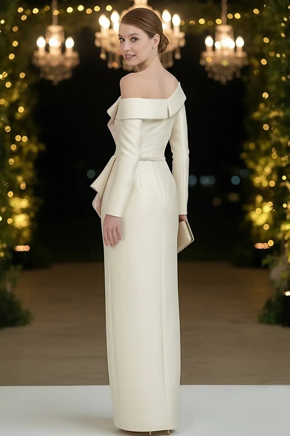 Elegant Sheath Off Shoulder Long Sleeve Ruffle Slit Ivory Prom Dress For Women