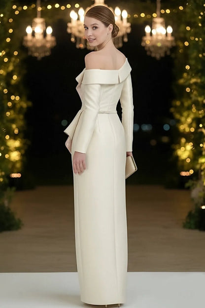 Elegant Sheath Off Shoulder Long Sleeve Ruffle Slit Ivory Prom Dress For Women