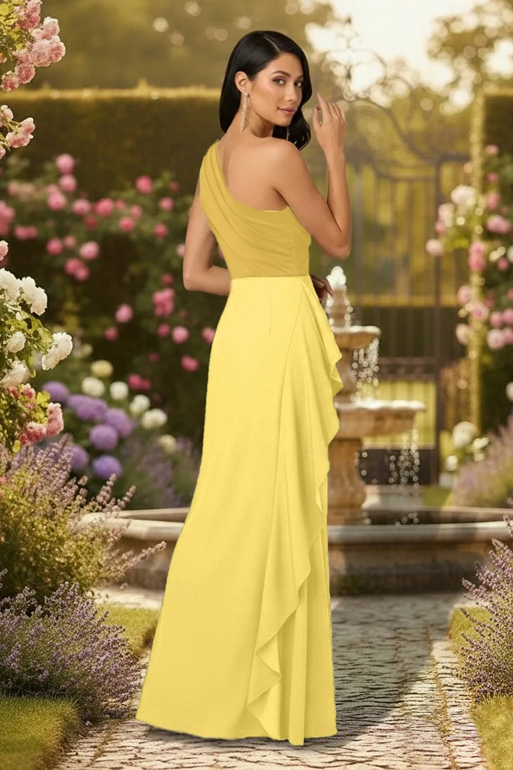 Elegant Sheath One-Shoulder Ruffle Color Block Yellow Floor Length Prom Dress