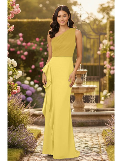 Elegant Sheath One-Shoulder Ruffle Color Block Yellow Floor Length Prom Dress