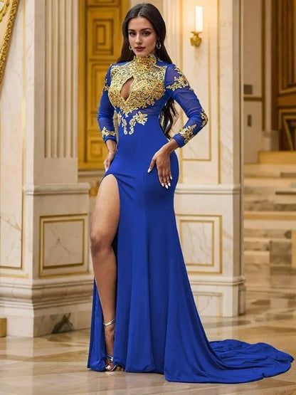 Elegant Trumpet/Mermaid Applique Long Sleeves High Neck Sweep Train Dresses Prom Dresses With Slit