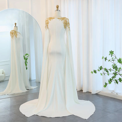 Elegant White Mermaid Mother of the Bride Dress with Cape Sleeves Gold BeadedWedding Party Gowns