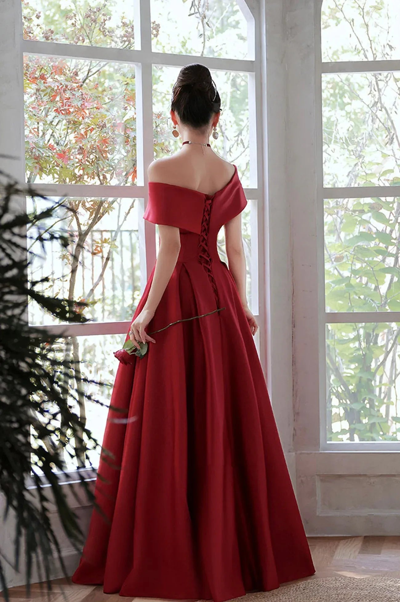 Elegant A-Line V Neck Cap Sleeve Lace Up Floor-Length Prom Dress