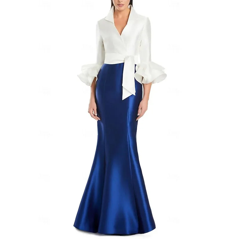 Elegant Mermaid V Neck Long Sleeve Ruffle Bow Black White Prom Dress For Sale