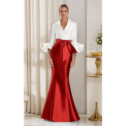 Elegant Mermaid V Neck Long Sleeve Ruffle Bow Black White Prom Dress For Sale