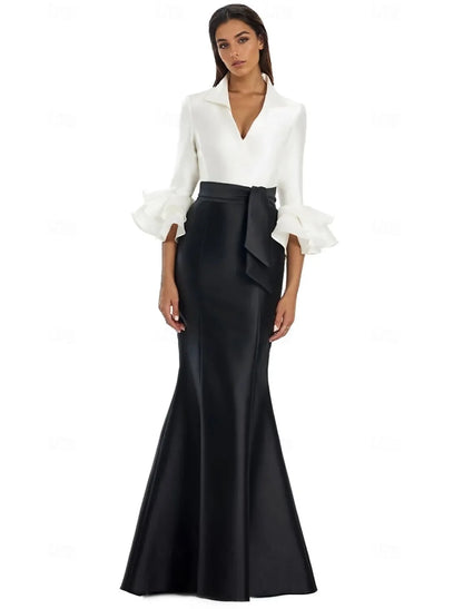 Elegant Mermaid V Neck Long Sleeve Ruffle Bow Black White Prom Dress For Sale