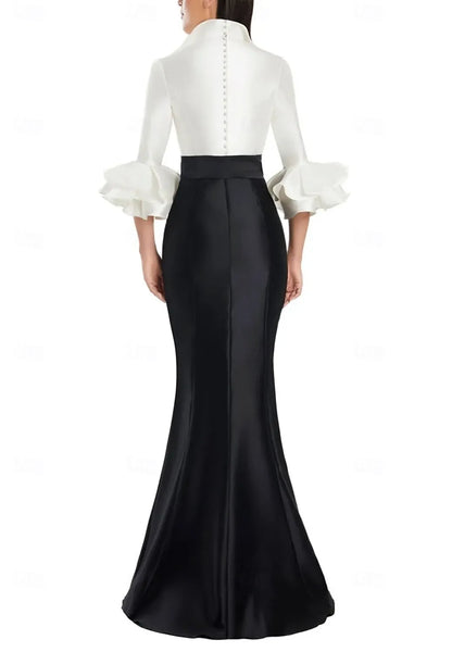 Elegant Mermaid V Neck Long Sleeve Ruffle Bow Black White Prom Dress For Sale
