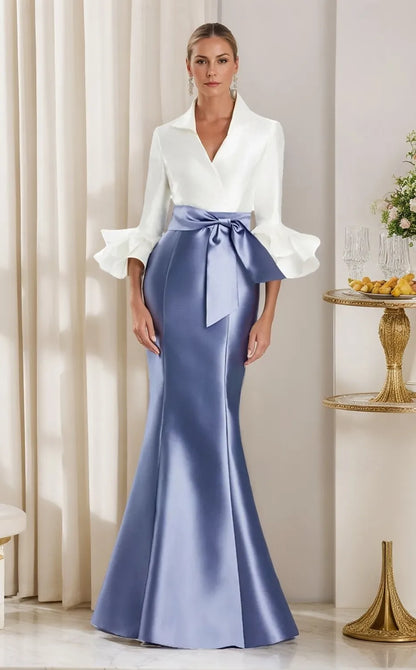 Elegant Mermaid V Neck Long Sleeve Ruffle Bow Black White Prom Dress For Sale