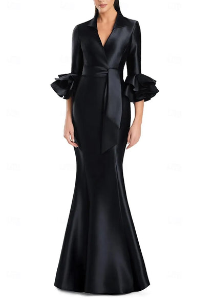 Elegant Mermaid V Neck Long Sleeve Ruffle Bow Black White Prom Dress For Sale