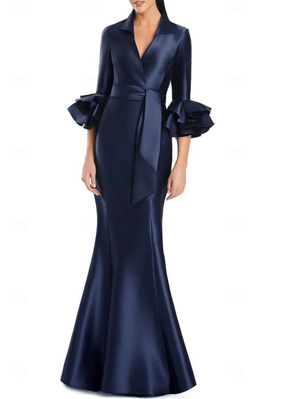 Elegant Mermaid V Neck Long Sleeve Ruffle Bow Black White Prom Dress For Sale