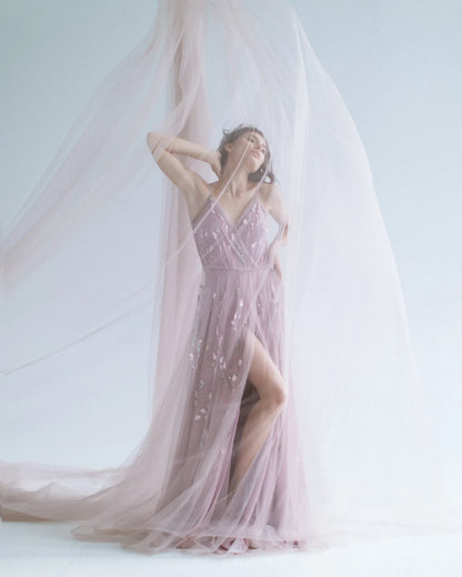 Xuewuba Prom Shop Dresses Pale Blush Boho Wedding Dress / Purple Bridal Gown / Colorful Floral Gown / A Line Silk Fairy Wedding Dress / Embroidered Bridal Gown Formal Women's Dresses