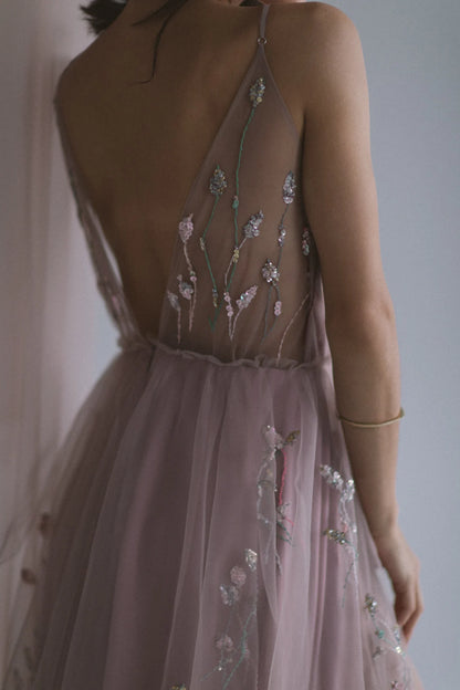 Xuewuba Prom Shop Dresses Pale Blush Boho Wedding Dress / Purple Bridal Gown / Colorful Floral Gown / A Line Silk Fairy Wedding Dress / Embroidered Bridal Gown Formal Women's Dresses