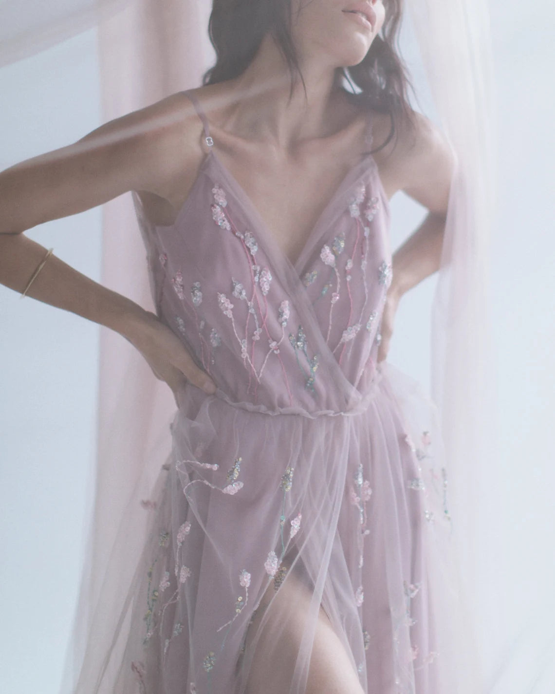 Xuewuba Prom Shop Dresses Pale Blush Boho Wedding Dress / Purple Bridal Gown / Colorful Floral Gown / A Line Silk Fairy Wedding Dress / Embroidered Bridal Gown Formal Women's Dresses