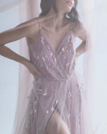 Xuewuba Prom Shop Dresses Pale Blush Boho Wedding Dress / Purple Bridal Gown / Colorful Floral Gown / A Line Silk Fairy Wedding Dress / Embroidered Bridal Gown Formal Women's Dresses