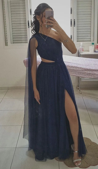 Enchanting A-Line One Shoulder Cutout Sparkle Navy Floor Length Prom Dress