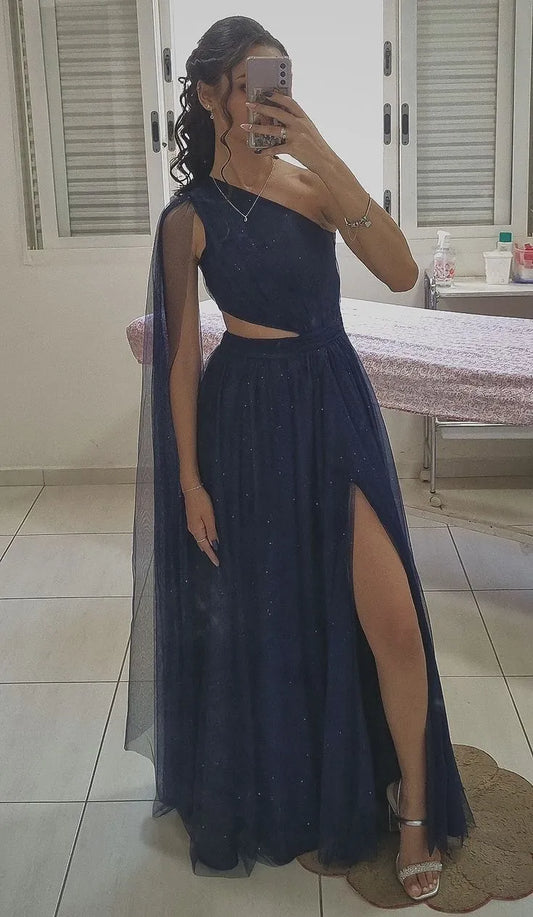 Enchanting A-Line One Shoulder Cutout Sparkle Navy Floor Length Prom Dress