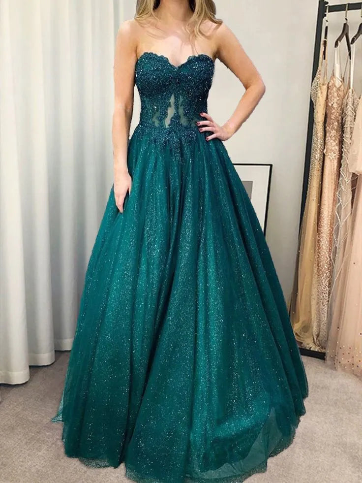 Enchanting Ball Gown Sweetheart Beaded Teal Floor Prom Dress Custom
