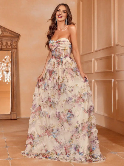 Evening Dresses For Women Ruched Bustier Ruffle Trim Hem Floral Printed Tube Dress/ Blue Evening DressNavy