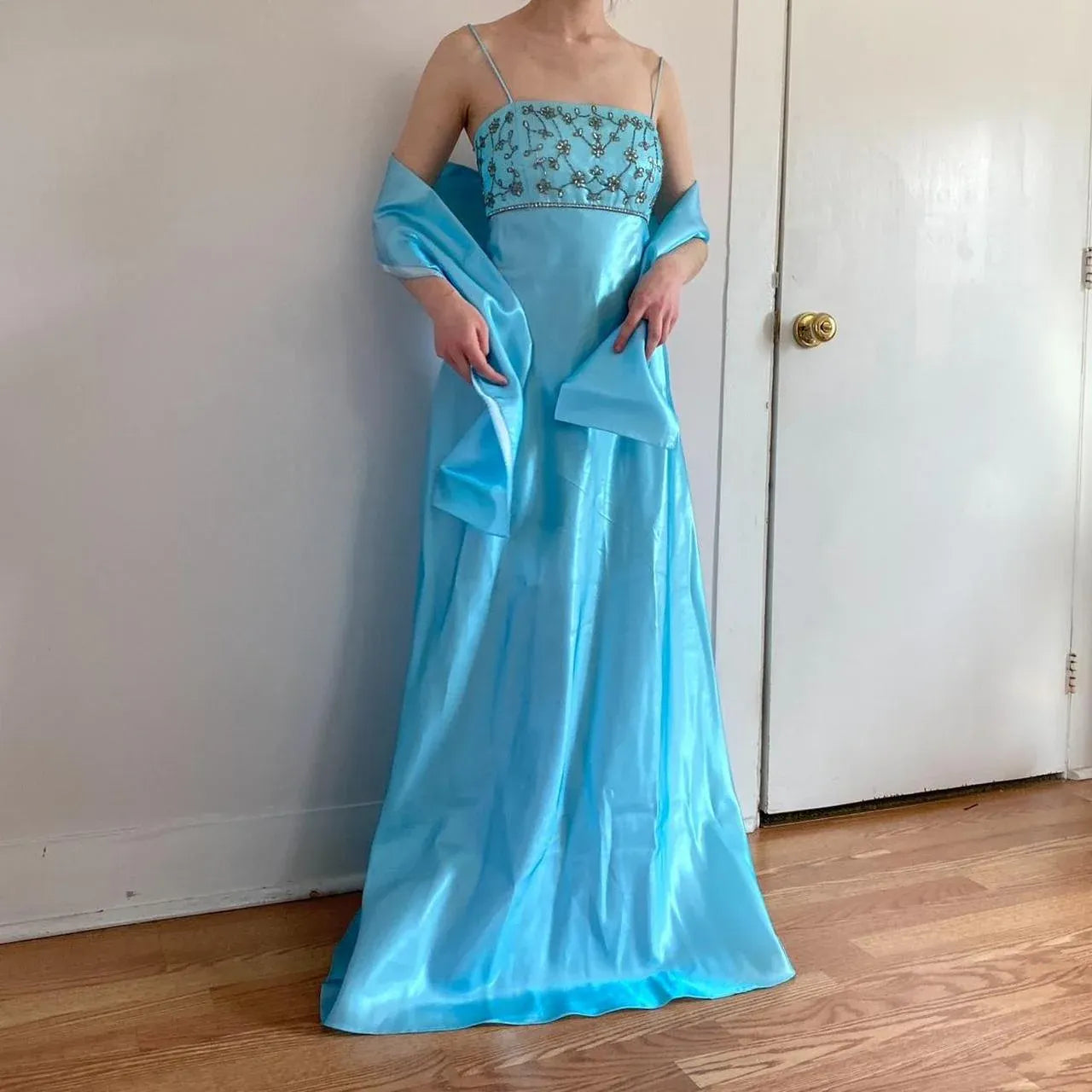 Exquisite A-Line Square Neck Sleeveless Beaded Floor-Length Prom Dress